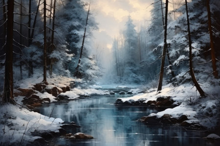 Winter landscape with a river and fog in the forest. Digital painting.の素材