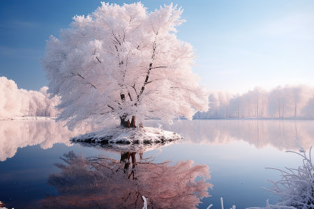 Beautiful winter landscape with trees in hoarfrost on the lakeの素材