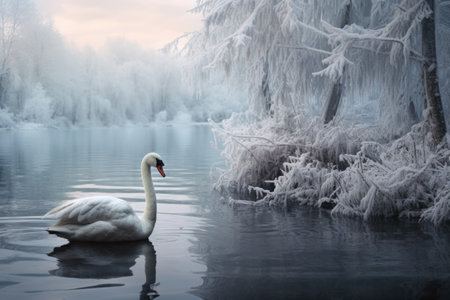 Beautiful winter landscape with a white swan on the lake.の素材