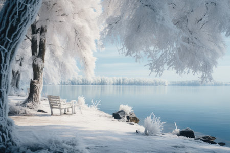 Winter landscape with frozen trees and bench on the shore of the lakeの素材