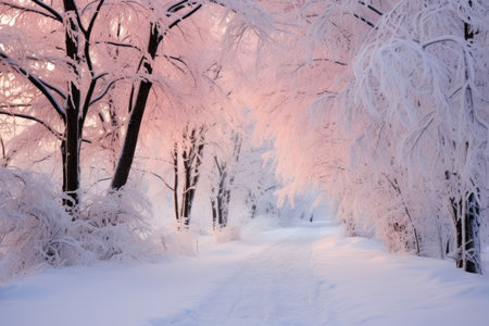 Beautiful winter landscape with trees covered with hoarfrost at sunsetの素材