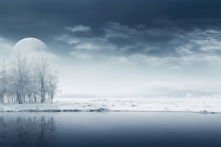 Winter landscape with frozen lake and trees in fog.の素材