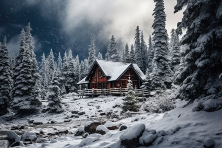 Wooden house in the mountains in winter, Carpathians, Ukraineの素材