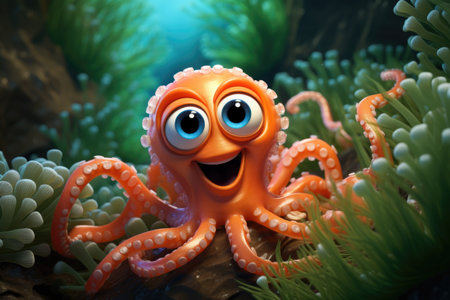 Funny orange octopus in the sea.の素材