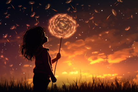 Cute little girl playing with dandelion against sunset sky backgroundの素材