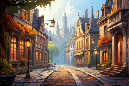 Fantasy illustration of a medieval street in the old town.の素材