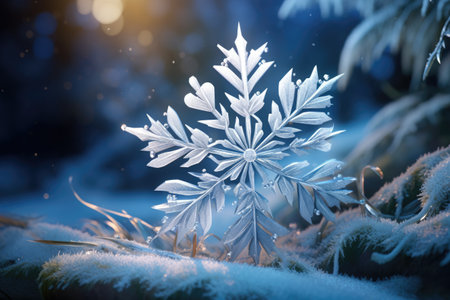 Frozen snowflake in winter forest. Christmas and New Year backgroundの素材
