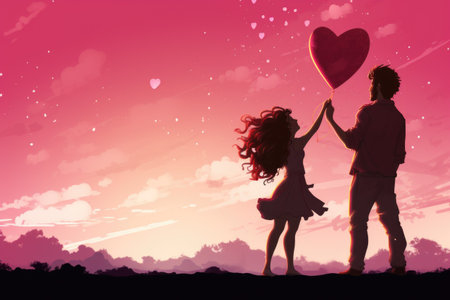 Couple in love holding a heart shape balloon against pink sky with cloudsの素材