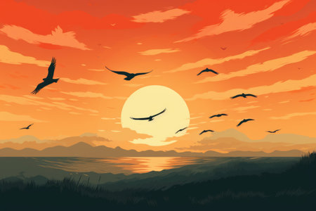 Seagulls flying in the sky at sunset, vector illustrationの素材