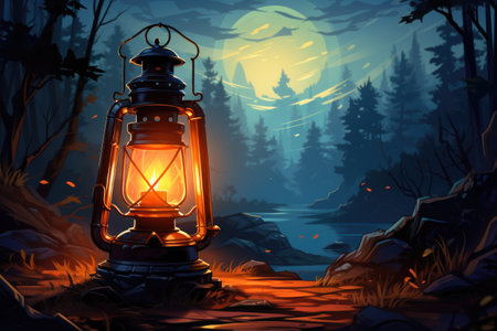 Illustration of a camping lantern in the woods at night with full moonの素材