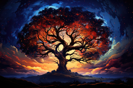 Fantasy landscape with old oak tree at sunset. Digital painting.の素材
