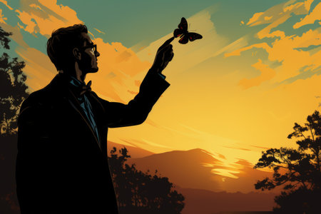 Silhouette of a businessman with a butterfly in his hand.の素材