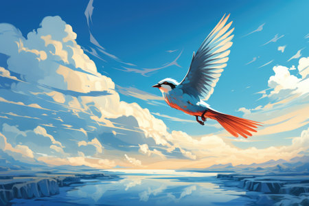 Illustration of a bird flying in the blue sky with white cloudsの素材