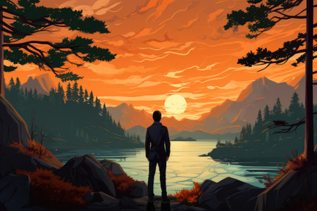 Man looking at the sunset over the lake in the mountains.の素材