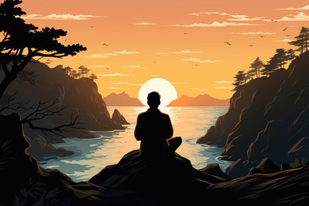 Vector illustration of a man sitting on a rock in the sea at sunsetの素材
