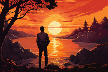 Man standing on the shore of a lake at sunset.の素材