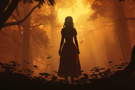Fantasy scene of a woman in a red dress standing in a forest full of fogの素材
