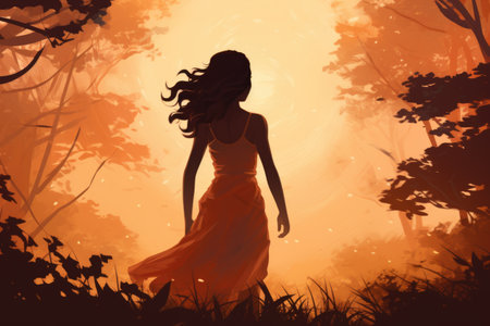 Beautiful woman in orange dress in the forest. Halloween concept.の素材