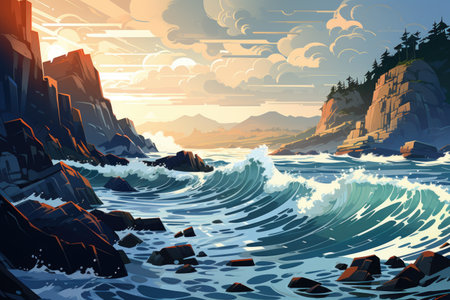 Fantasy seascape with mountains and sea.の素材