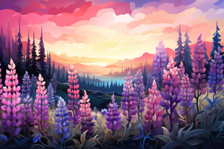 Landscape with lupine flowers and mountains at sunset.の素材