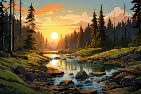 Beautiful summer landscape with mountain river and forest at sunset. Digital painting.の素材