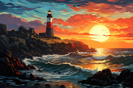 Beautiful seascape with lighthouse at sunset.の素材
