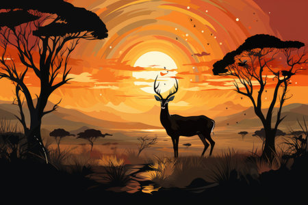 Silhouette of deer in the savanna at sunset, vector illustrationの素材