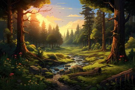 Fantasy landscape with a river and trees in the forest - illustration for childrenの素材