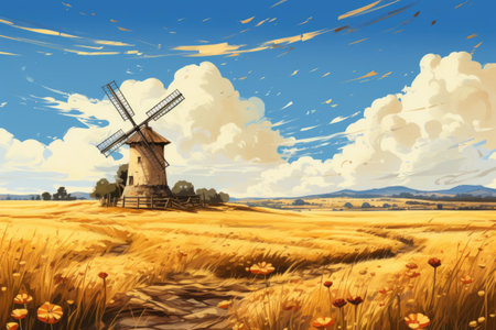 Digital painting of windmill in a wheat field with blue sky backgroundの素材
