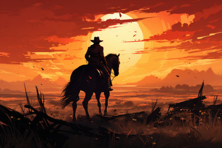 Cowboy on horseback in the field at sunset, illustration.の素材