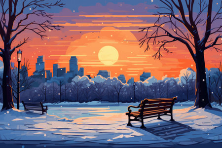 City park at sunset. Winter landscape with bench.の素材