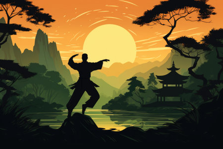 Kung fu master in the jungle at sunsetの素材