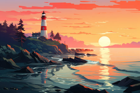 Seascape with lighthouse at sunset.の素材