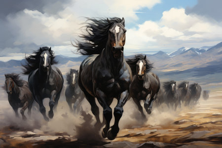 Horses run gallop in the mountains. Digital painting of horsesの素材