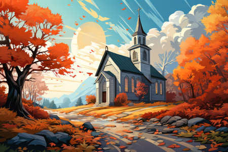 Autumn landscape with church in the forest. Cartoon styleの素材