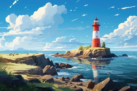 Lighthouse on the island in the sea at sunset.の素材