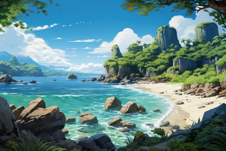 Digital painting of tropical beach with rocks and green plants in the foregroundの素材