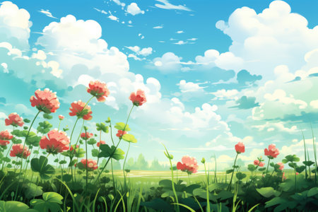 Spring meadow with red flowers and blue cloudy sky.の素材