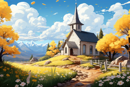 Beautiful autumn landscape with church in the mountains. Illustration.の素材