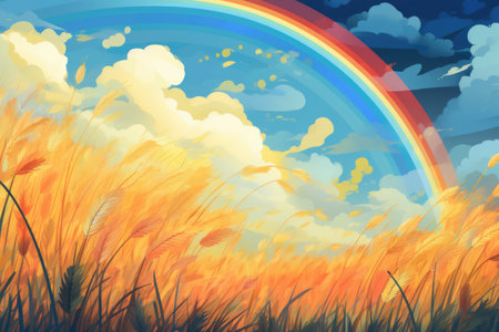 Landscape with wheat field, rainbow and clouds.の素材