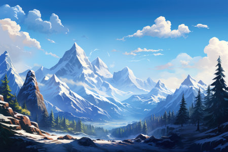 Fantasy landscape with mountains, forest and blue sky. Digital illustration.の素材