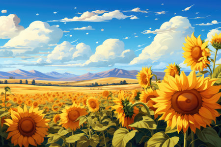 Beautiful landscape with sunflowers field and mountains.の素材