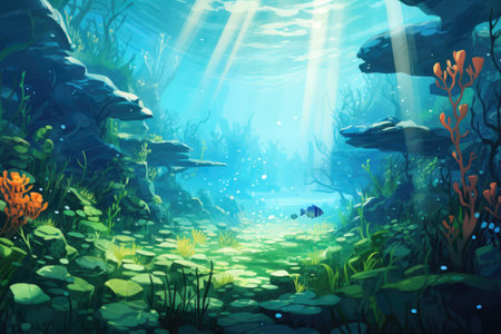 Underwater scene with fish and seaweed.の素材