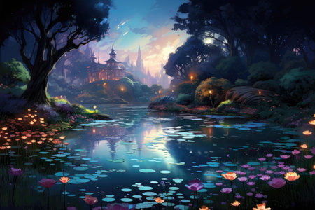 Beautiful fantasy landscape with pagoda and lotus pond at nightの素材