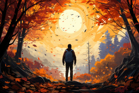 Autumn landscape with a young man in the forest.の素材