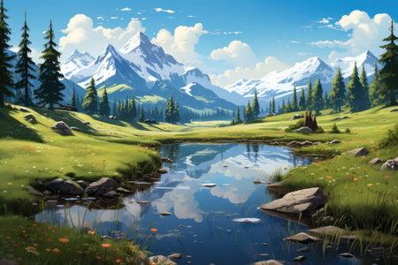 Beautiful mountain landscape with lake and blue sky. Digital painting.の素材