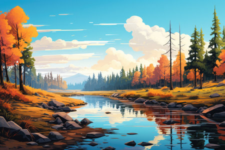 Beautiful autumn landscape with river and colorful trees. Digital illustration.の素材