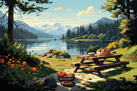 Picnic on the lake in the mountains.の素材