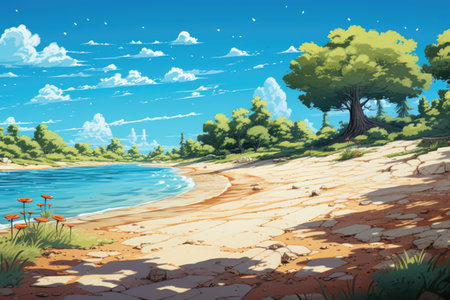 Illustration of a beautiful summer landscape with a lake and a treeの素材