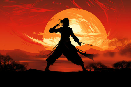 Kung fu master on sunset background. Silhouette of a samurai.の素材